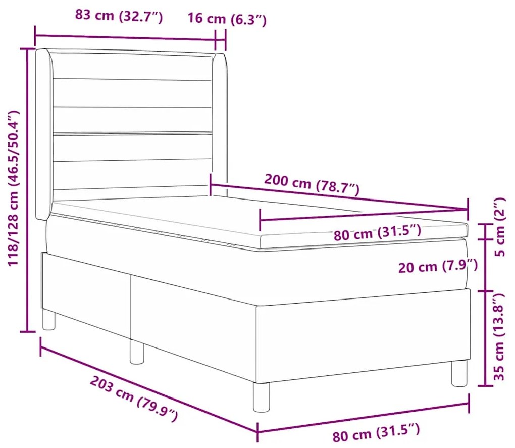 Cama Box Spring com Colchão Marrom Escuro 80x200 cm em Tecido