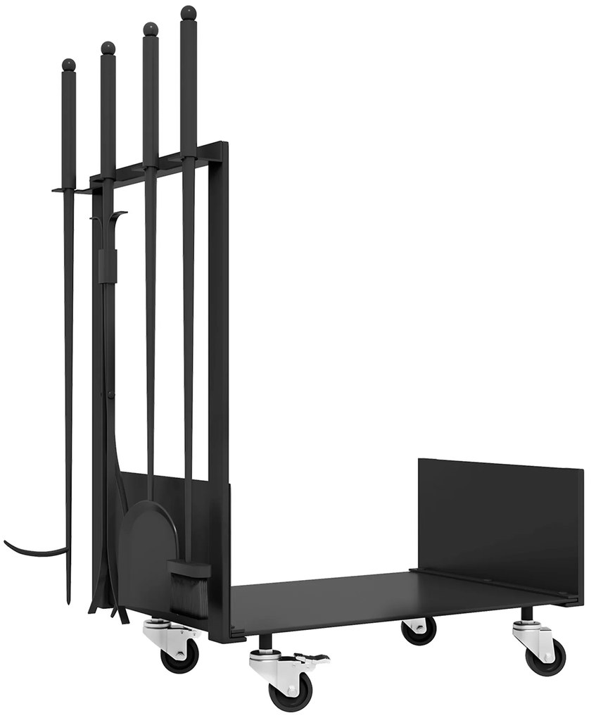 Outsunny Suporte Lenha Rodas Estante Metálica Exterior Prática com Pá Escova Atizador Tenazes 48x30x76 cm Preto Resistente | Aosom Portugal