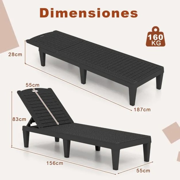 Conjunto de 2 espreguiçadeiras de Jardim 156 x 55 x 83 cm em PP com encosto ajustável em 4 posições Fácil montagem Preto