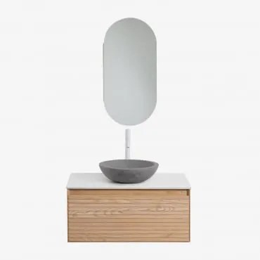 Conjunto De Móvel De Casa De Banho Suspenso 80x50 Cm Em Madeira De Freixo Tedrik Castanho Fresno & Cimento Cinzento Redondo Ø40 Cm Tarsis - Sklum