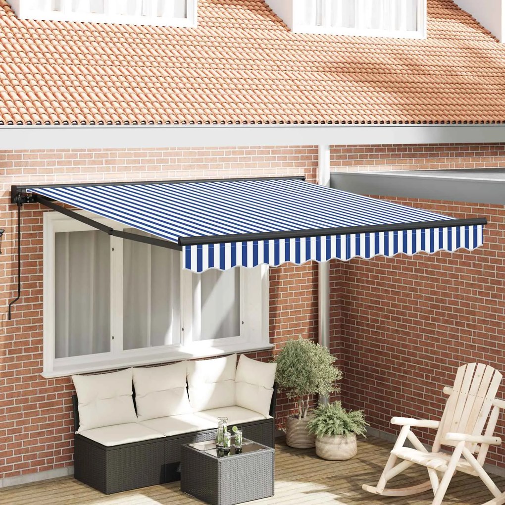 vidaXL Toldo Retrátil Manual Azul e Branco 350x250 cm tecido