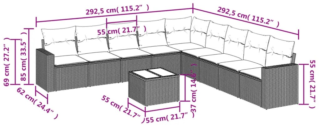 10 pcs conj. sofás jardim com almofadões vime PE castanho