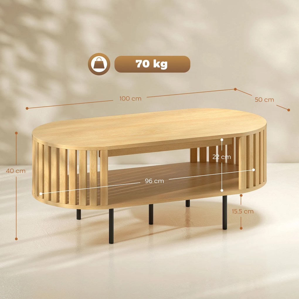 Mesa de centro oval  100 x 50 x 40 cm, mesa de sala com espaço de arrumação, cantos arredondados, design em ripas efeito de madeira natural