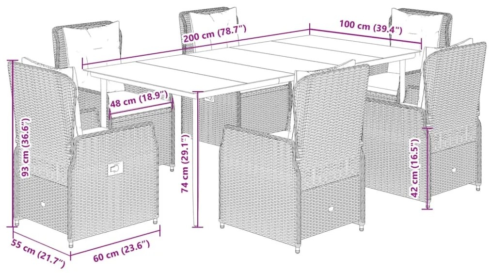 7 pcs conjunto de jantar p/ jardim com almofadões vime PE bege