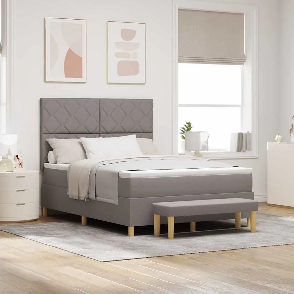 Cama Box Spring com Colchão &amp; Banco Taupe 140x190 cm Tecido