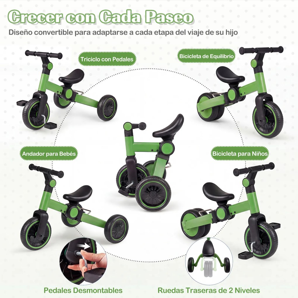 Bicicleta Infantil 5 em 1, 66 x 48,5 x 51,5 cm, Dobrável, Verde