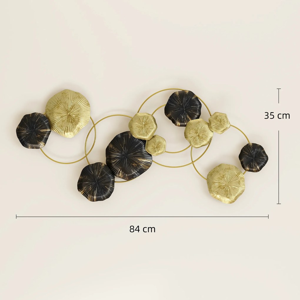 Decoração de Parede em Metal com Forma de Flor de Lótus Adorno para Sala Moderna Decoração 84x35 cm Dourado e Preto