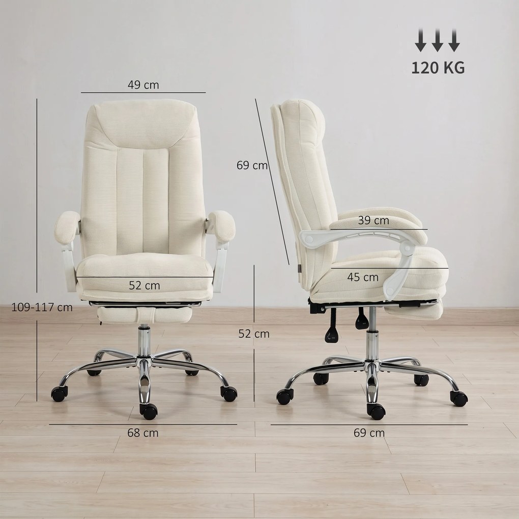Cadeira de escritório ergonómica, reclinável em chenille, altura ajustável, apoio para os pés, creme