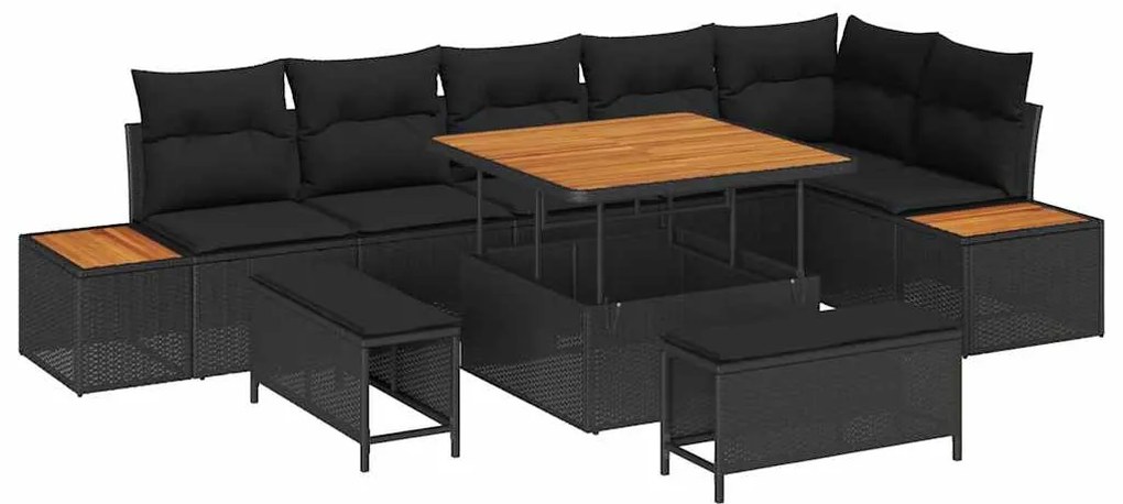 Sofá de Jardim 9 Peças com Almofadas Pretas em Polyrattan