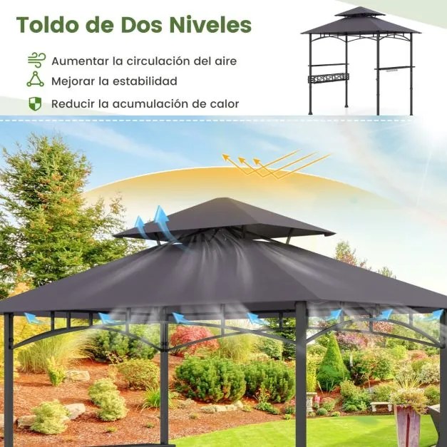 Pergula tenda para churrascos 242 x 153 cm com 2 prateleiras laterais, cesto, ganchos, abridor de garrafas, estrutura de metal para jardim ou pátio Ci