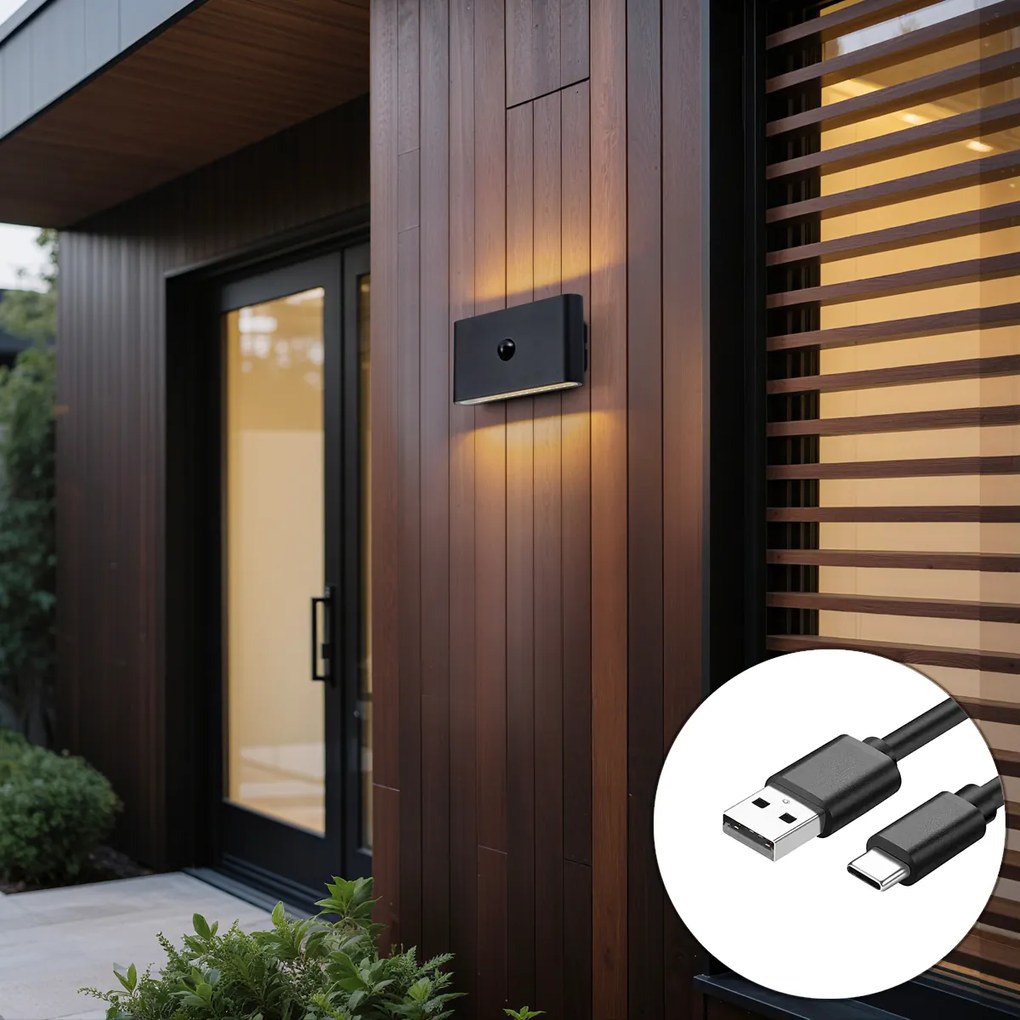 Candeeiro de Parede Preto Sensor Lux Magnético Incl. LED Recarregável - Batt