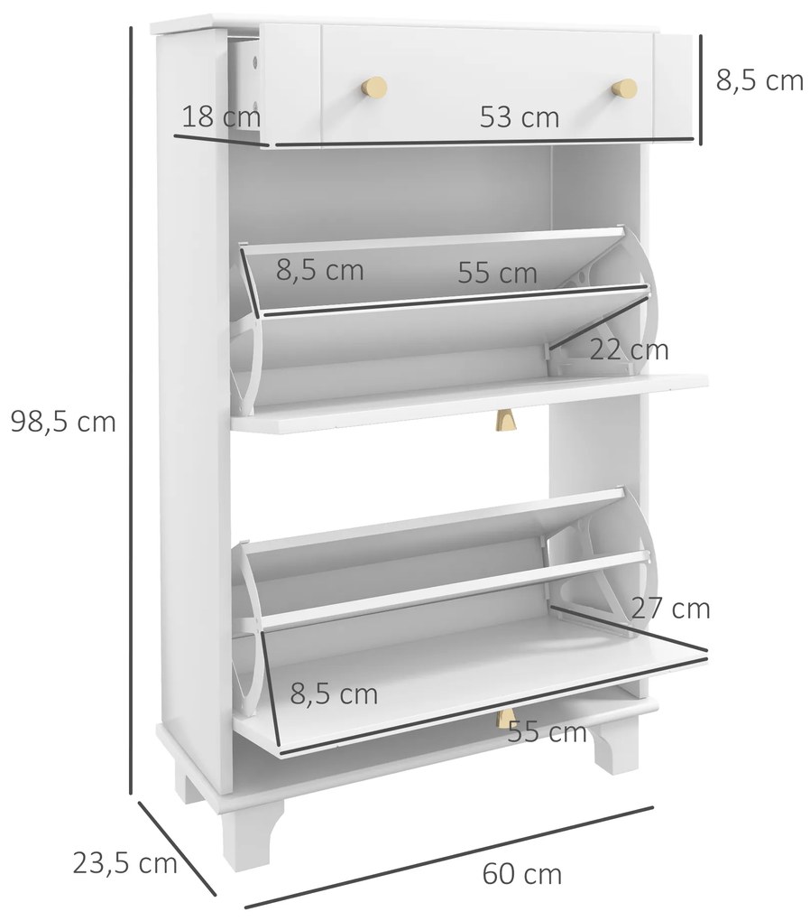 HOMCOM Sapateira Branca Móvel Sapateira Estreita com 2 Portas e 1 Gaveta para 8 Pares de Sapatos para Entrada Corredor 60x23,5x98,5 cm Branco