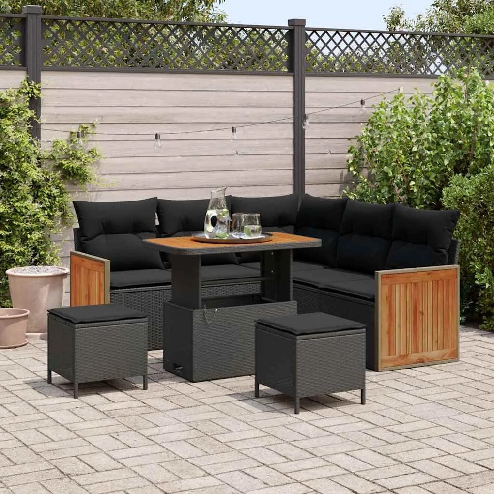 Conjunto de Sofá de Jardim com 8 Peças e Almofadas em Rattan Preto Acácia