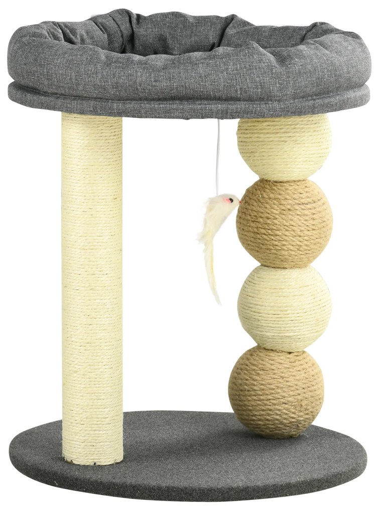 PawHut Arranhador para Gatos Pequeno Centro de Atividades para Gatos com Cama 4 Bolas e Postes de Sisal Ø40x48 cm Cinza e Bege