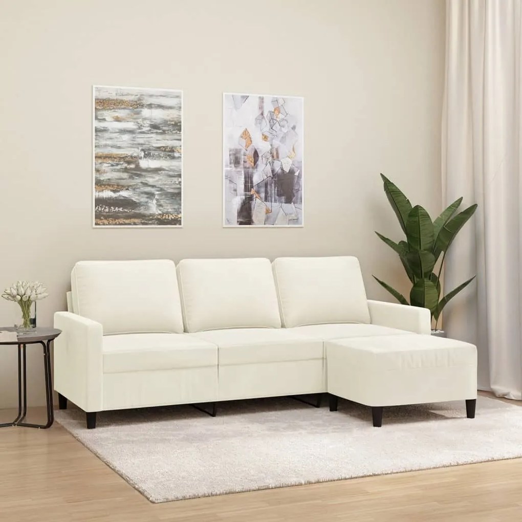 Sofá de 3 lugares com apoio de pés 180 cm veludo cor creme