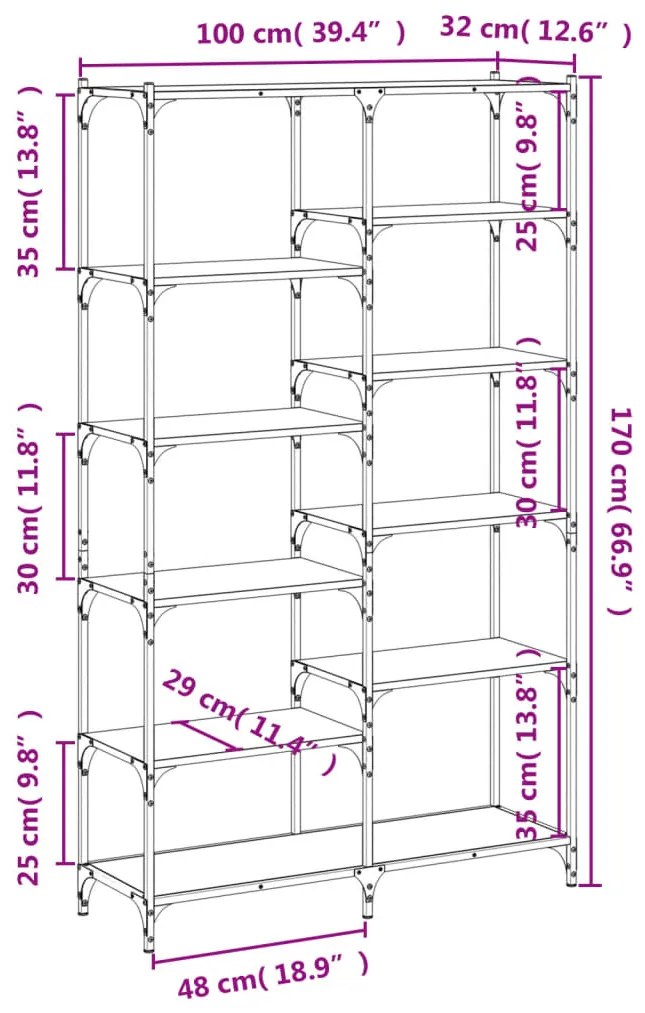 Estante 100x32x170 cm derivados de madeira e ferro cinza sonoma