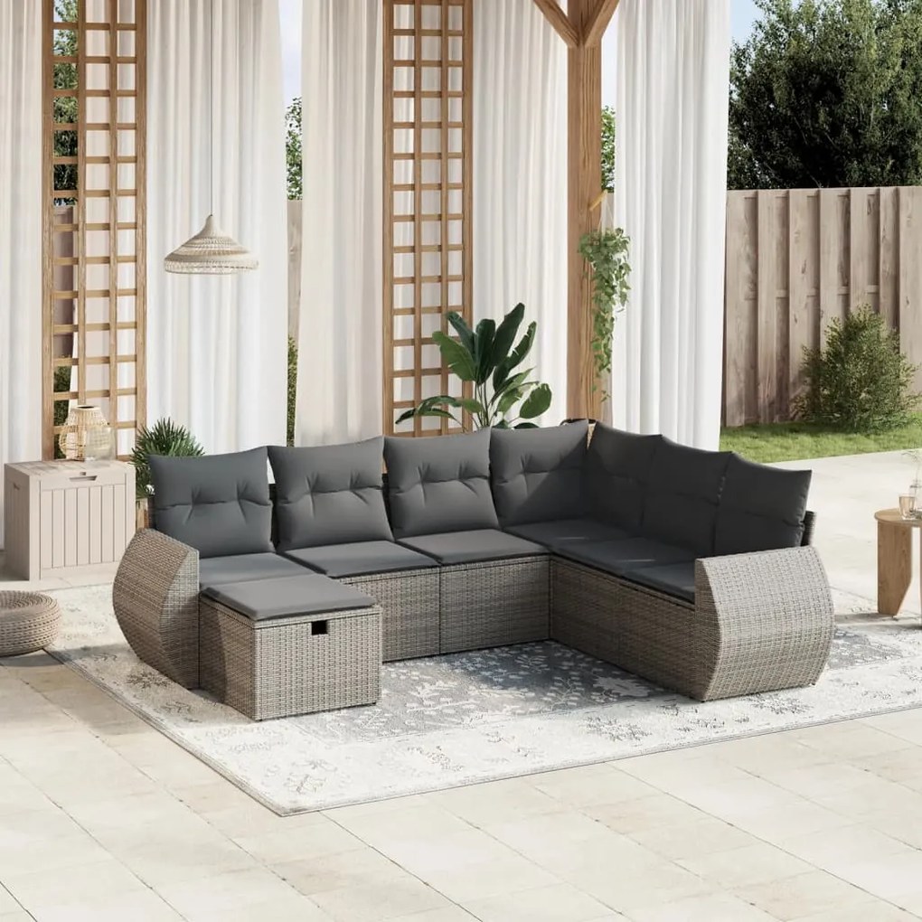 vidaXL 7 pcs conjunto sofás p/ jardim c/ almofadões vime PE cinzento