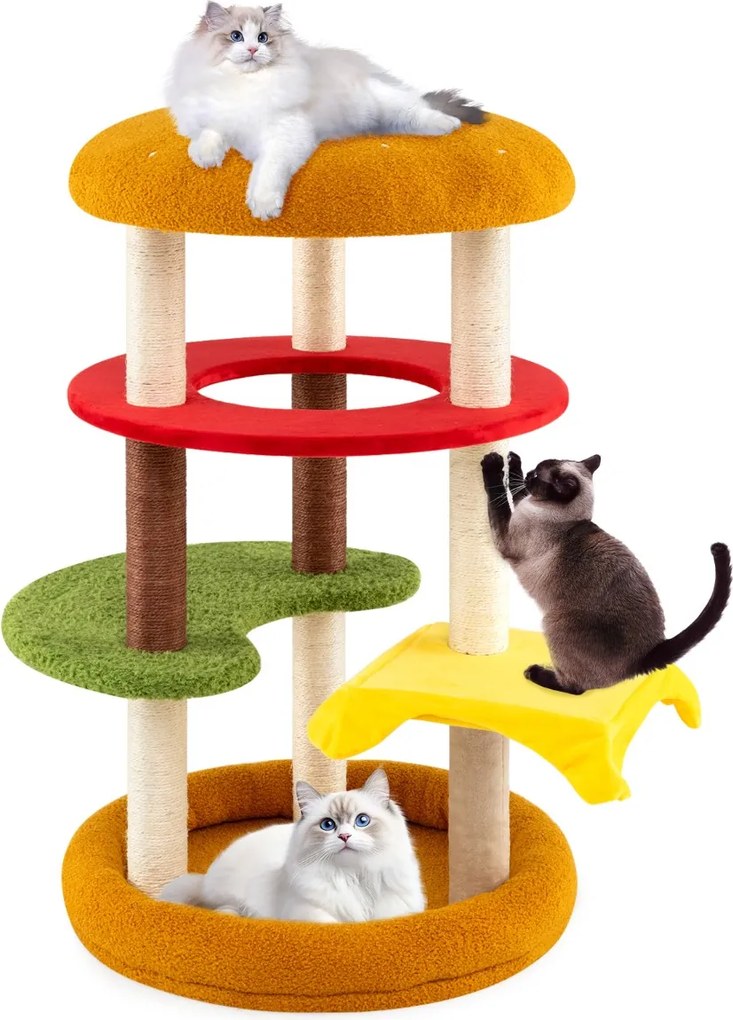 Arranhador para gatos 106 cm  com poleiro acolchoado Cama ampla Postes para arranhar em sisal Almofadas felpudas Casinha temática multicolorido