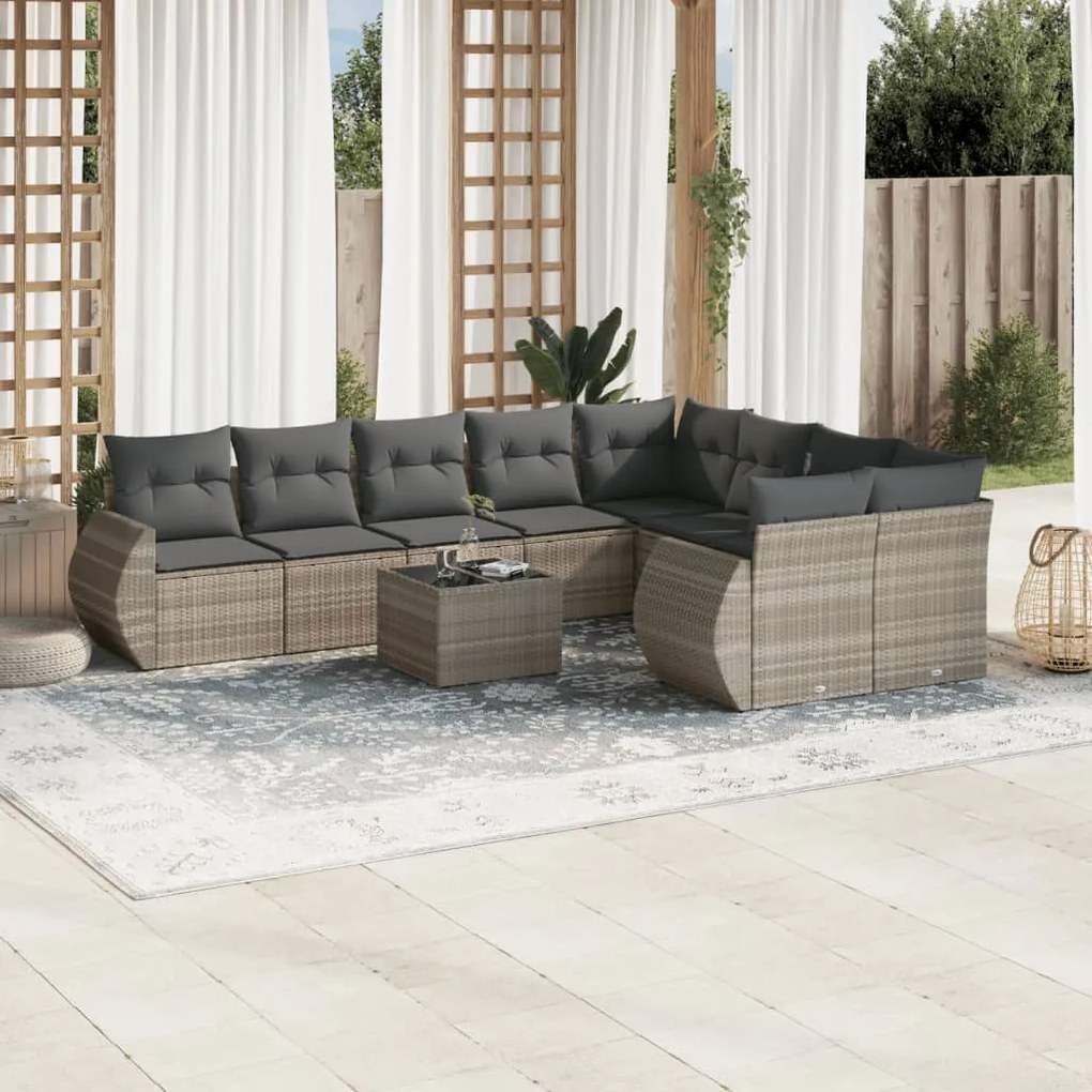 vidaXL 10 pcs conj. sofás jardim com almofadões vime PE cinzento-claro