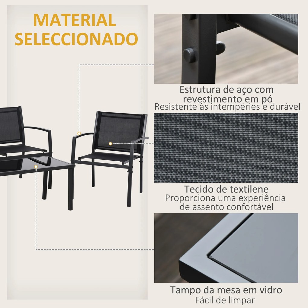 Conjunto de Móveis de Jardim Conjunto de 4 Peças com 2 Poltronas Sofá de 2 Lugares e Mesa de Centro com Tampo de Vidro Preto