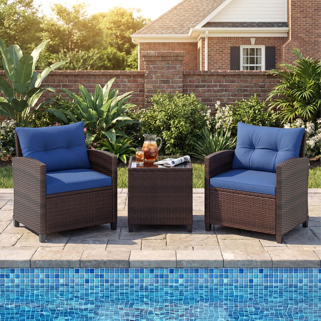 Conjunto jardim de 3 peças: cadeiras de rattan e mesa com tampo de vidro temperado. Mobiliário de exterior em vime para pátio, Castanho com almofadas