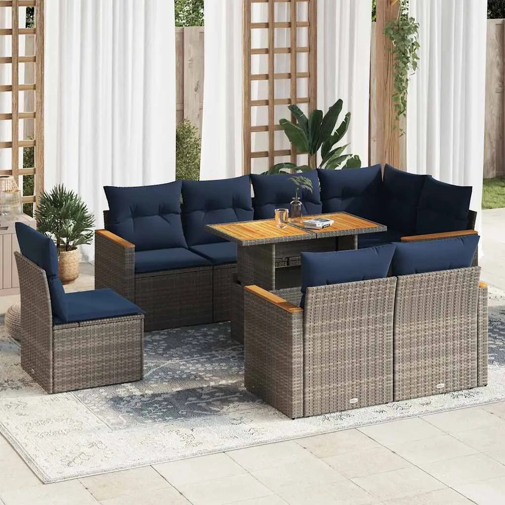 9 pcs conjunto sofás p/ jardim com almofadões vime PE cinzento
