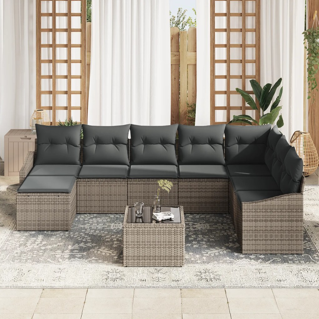 Conjunto de Jantar de Jardim de 8 Peças com Almofadas de Rattan Poly P