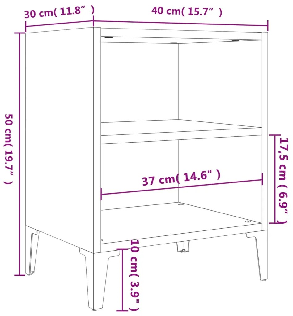 Mesa de cabeceira pernas metal 40x30x50 cm cinzento brilhante