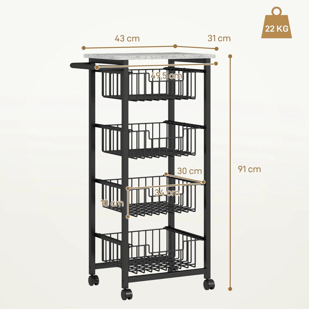 Carrinho Fruteira para Cozinha Carrinho de Cozinha com 4 Cestas e Estrutura de Aço 49,5x31x91 cm Cinza Claro
