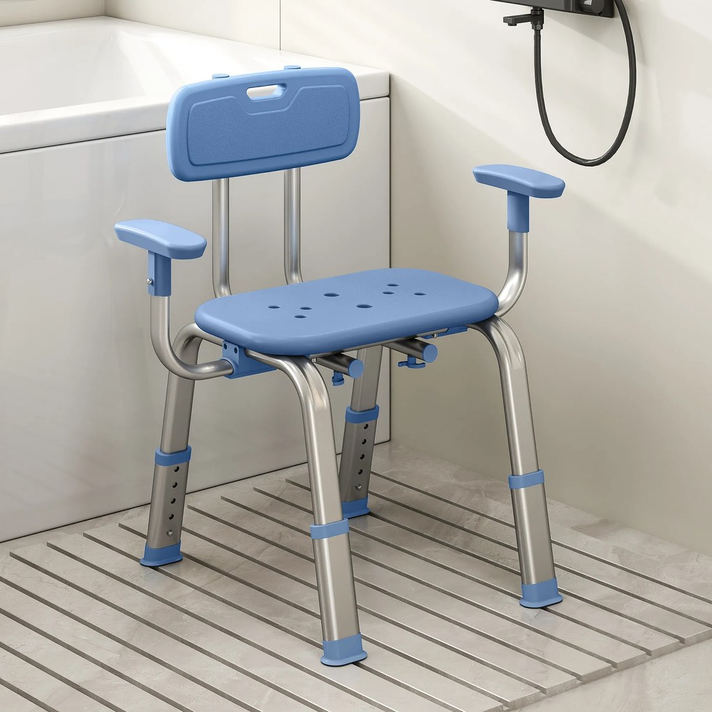 Banco de duche ergonómico com apoios de braços 60-70 (L) x 52 (P) x 62-72 (A) cm, encosto, altura e assento ajustáveis, azul