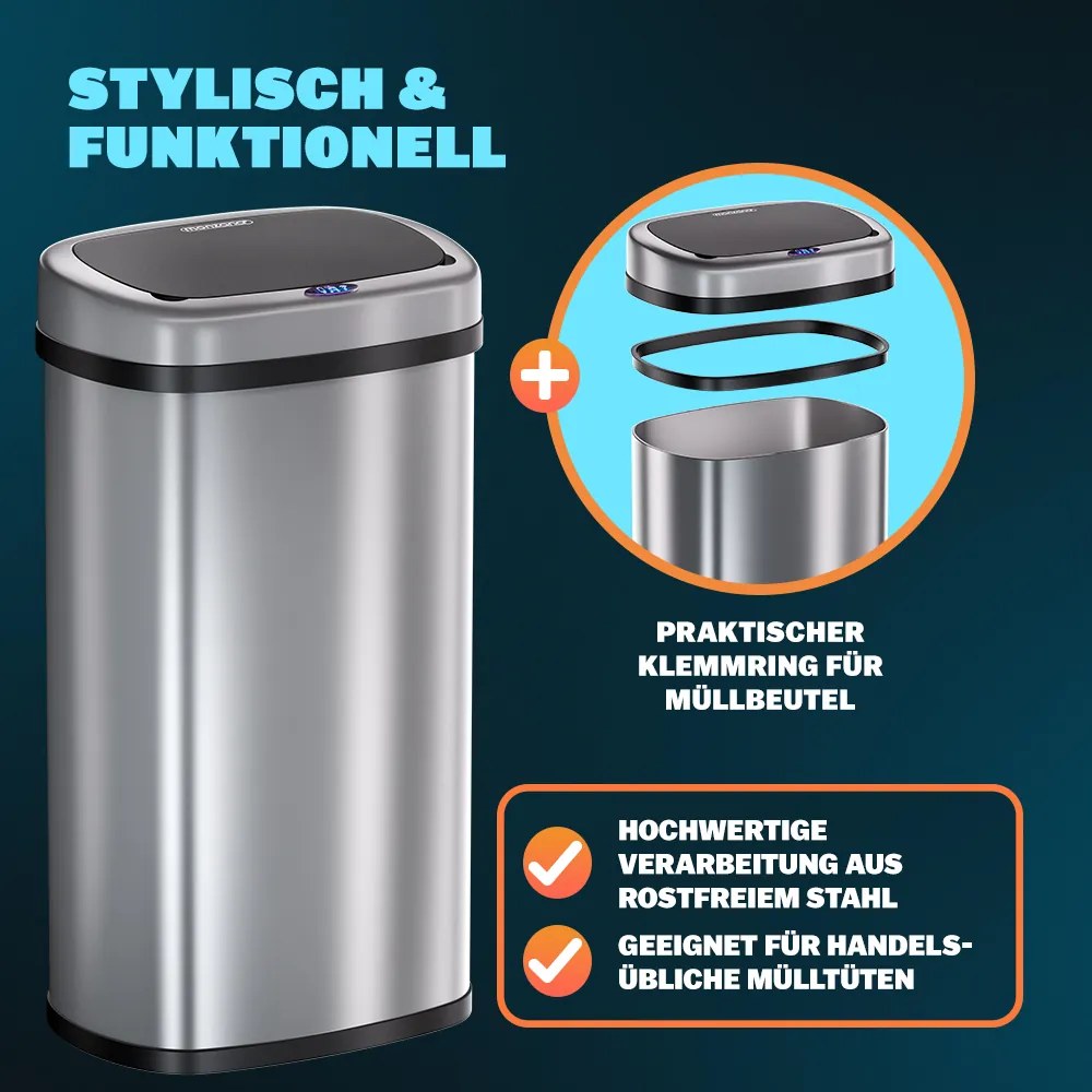 Caixote do lixo com sensor em aço inoxidável 58L Prateado