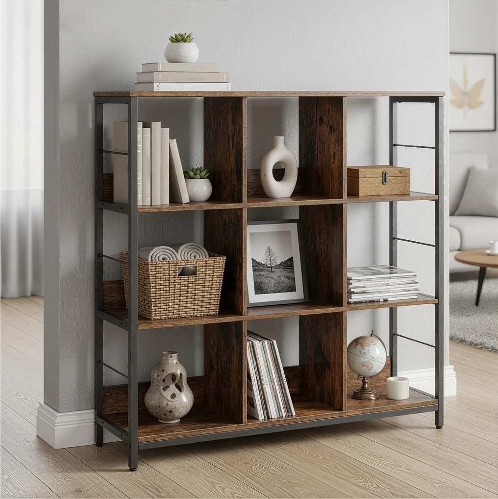 Estante com 3 prateleiras 100 x 30 x 103,1 cm, estante para livros com 9 compartimentos, Castanho vintage-preto