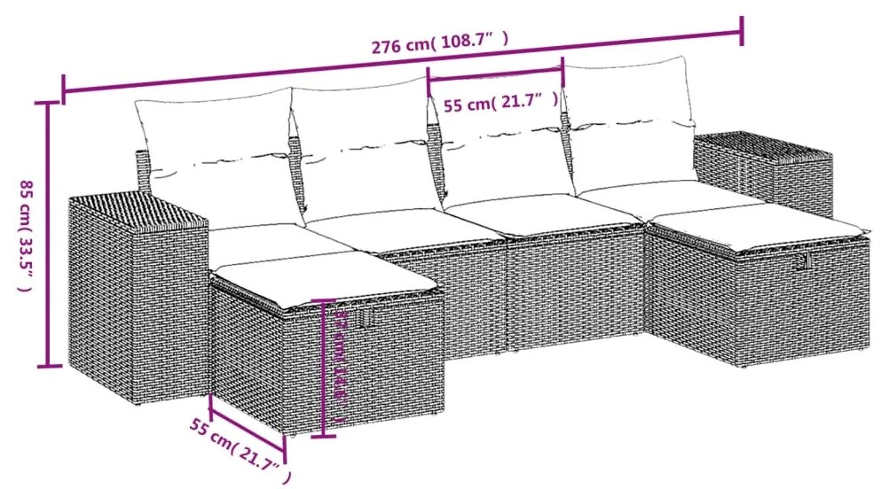 6 pcs conjunto de sofás jardim c/ almofadões vime PE castanho