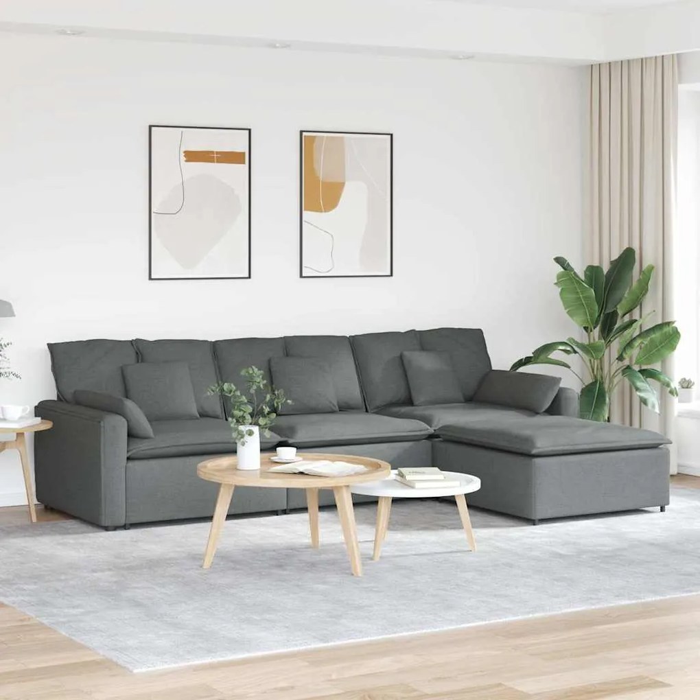 Sofá modular com pufes e almofadas cinzento-escuro