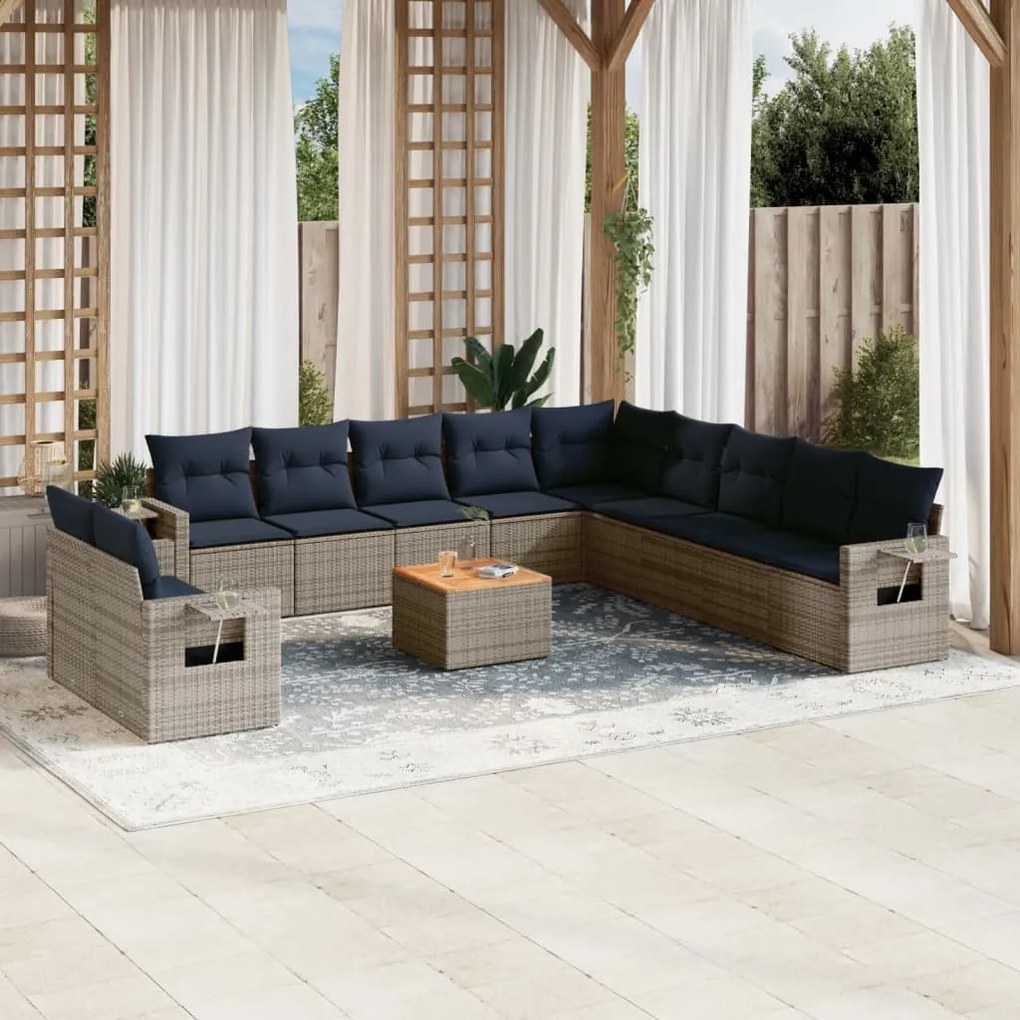 vidaXL 12 pcs conjunto sofás p/ jardim c/ almofadões vime PE cinzento
