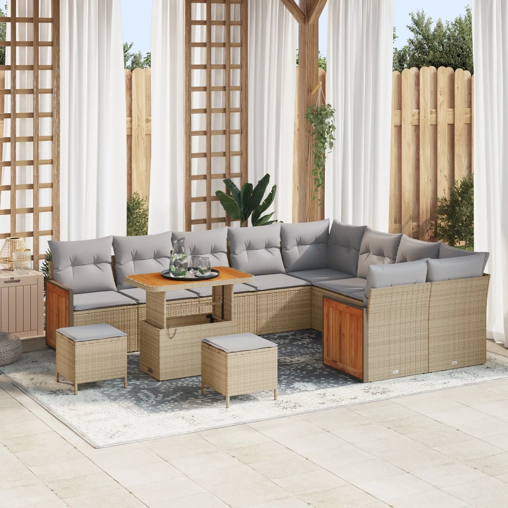 vidaXL Conjunto de Sofá de Jardim com 12 Peças com Almofadas Bege Rattan PE Acácia