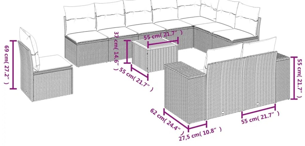 11 pcs conjunto sofás de jardim c/ almofadões vime PE preto