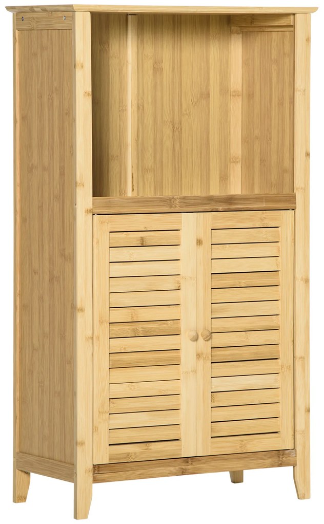Armário Auxiliar de Casa de Banho de Bambu com 2 Portas Compartimento Aberto e Prateleira Ajustável 50x25,5x92 cm Madeira
