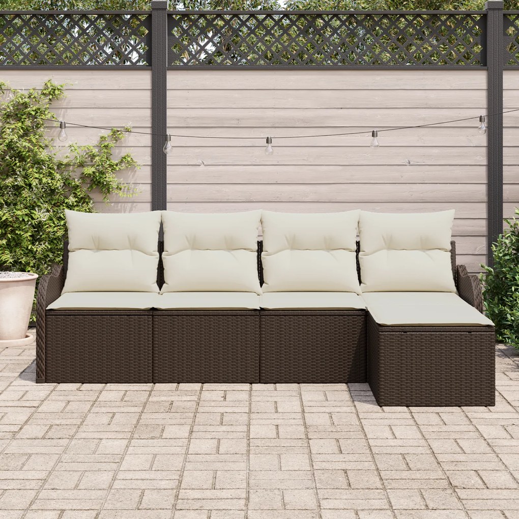 Conjunto de Sofá de 5 Peças com Almofadas Rattan Poliéster Castanho, S