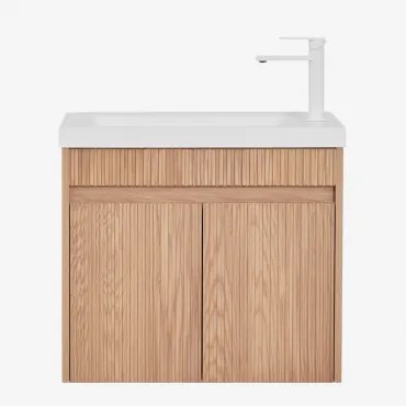 Conjunto De Móvel De Casa De Banho Suspenso Em Madeira Com Lavatório Integrado Narek Sem Espelho & Castanho Fresno & ↔︎ 60 Cm & Branco ↑ - Sklum