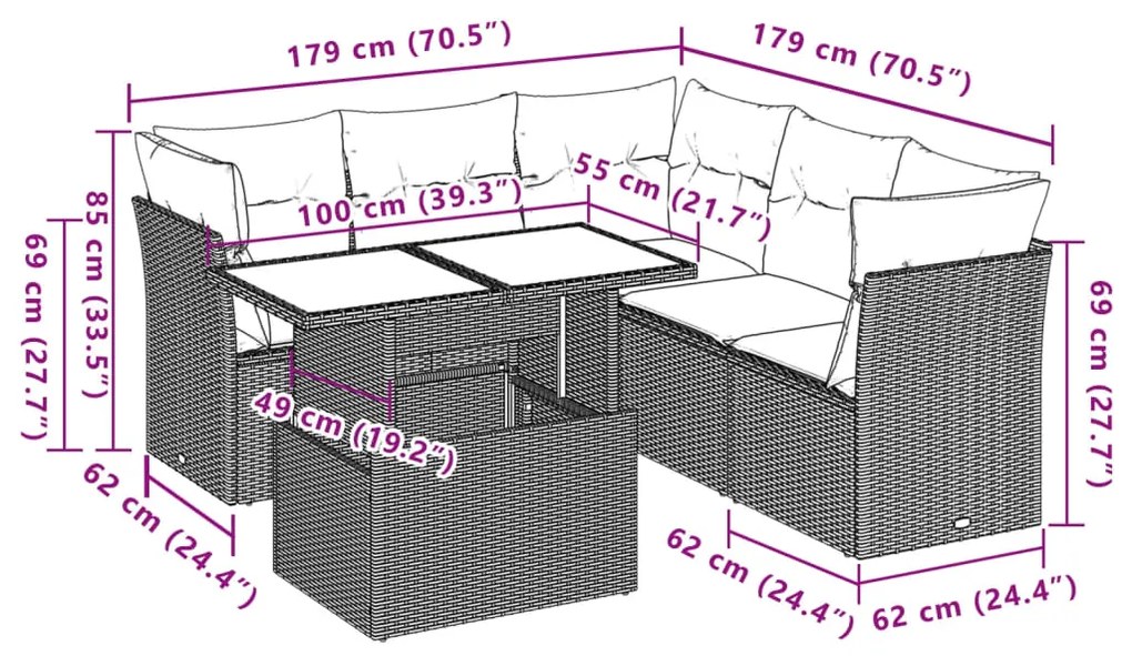 6 pcs conj. sofás jardim com almofadões vime PE cinzento-claro