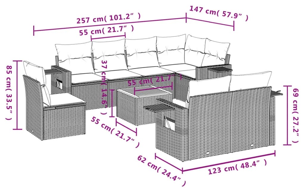 9 pcs conjunto de sofás p/ jardim com almofadões vime PE bege