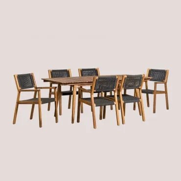 Conjunto De Mesa Retangular 160-210x90 Cm Extensível E 6 Cadeiras De Jantar Com Braços Em Madeira De Acácia Tenay Cinza Grafito - Sklum