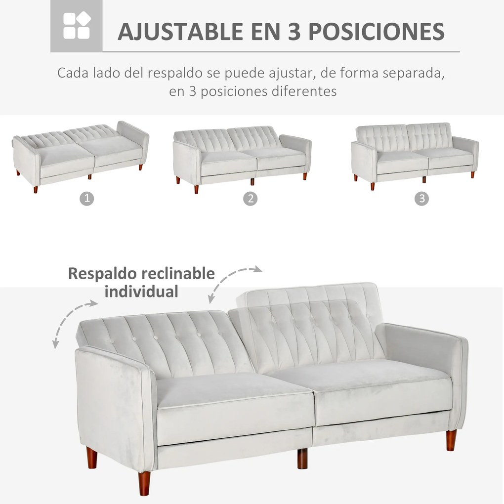 HOMCOM Sofá de 2 Lugares Convertível em Cama Estofado Aveludado com Encosto Ajustável e Pés de Madeira para Sala de Estar Escritório 189x81x83,5cm Cinza Claro
