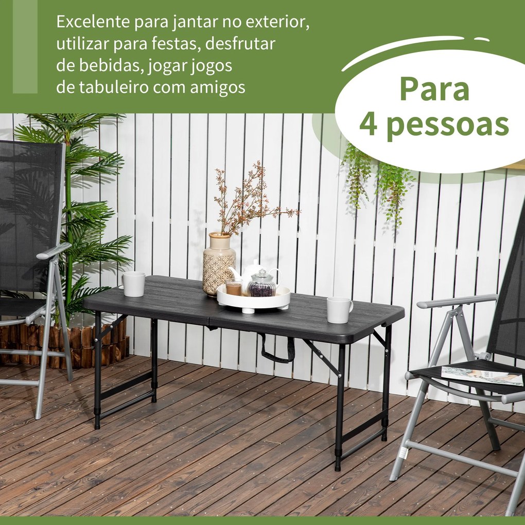 Mesa de Jardim Dobrável Mesa de Exterior com Altura Ajustável para 4 Pessoas para Pátio Varanda Carga Máx. 60kg 118x60x56-74cm Cinza Escuro