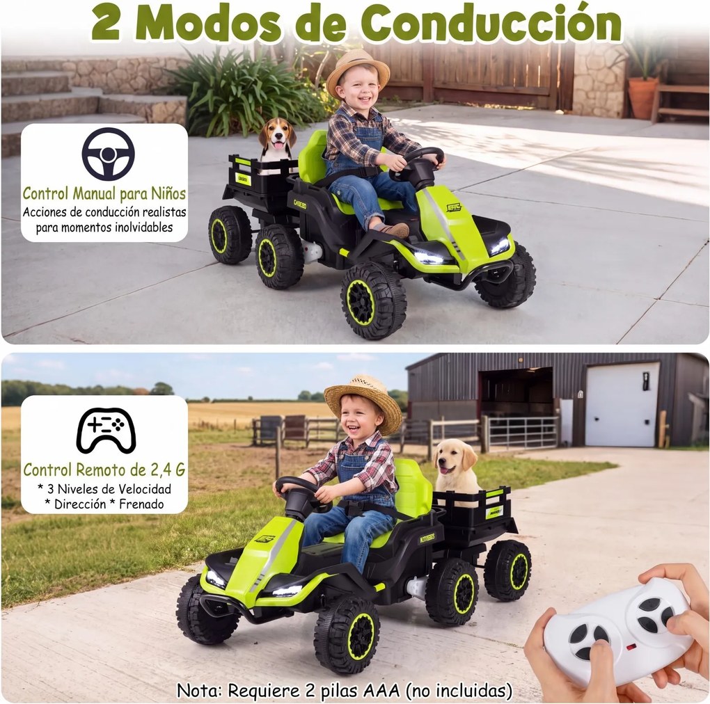 Trator Elétrico Infantil para crianças 3 a 6 anos, 152 x 68 x 60 cm, Reboque Removível 2 em 1, Verde