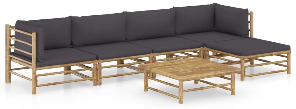 6 pcs conj. lounge jardim em bambu c/ almofadões cinza-escuro