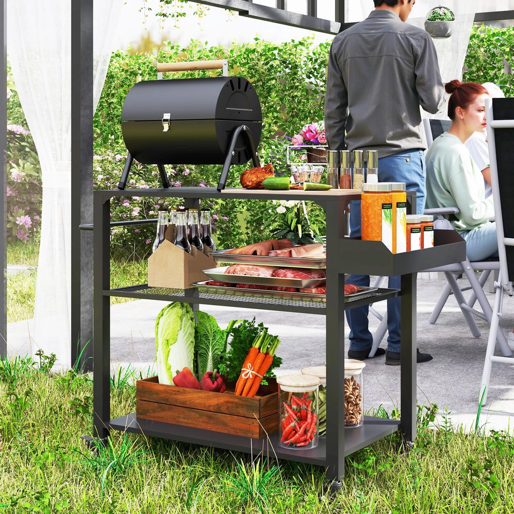 Carrinho de Apoio para churrasqueiras de 3 Níveis com 4 Rodas Prateleiras Mesa de Apoio para Forno de Pizza 105x50x79 cm Preto