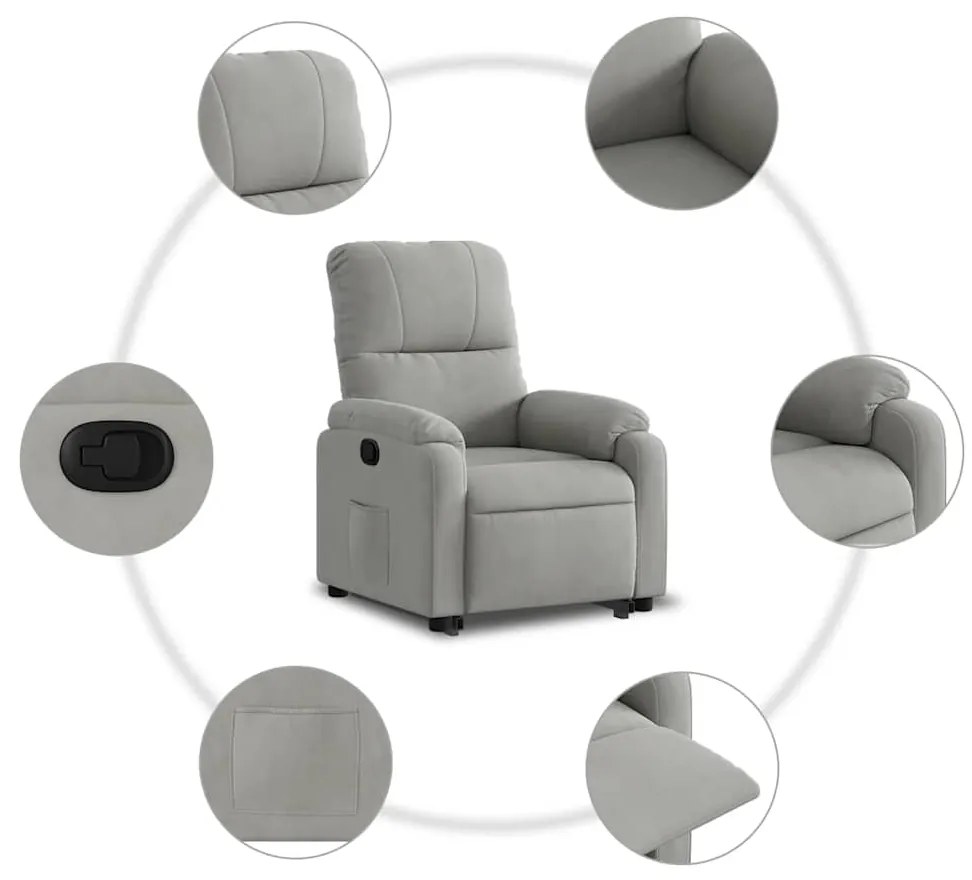 Poltrona reclinável elevatória tecido de microfibra cinza-claro