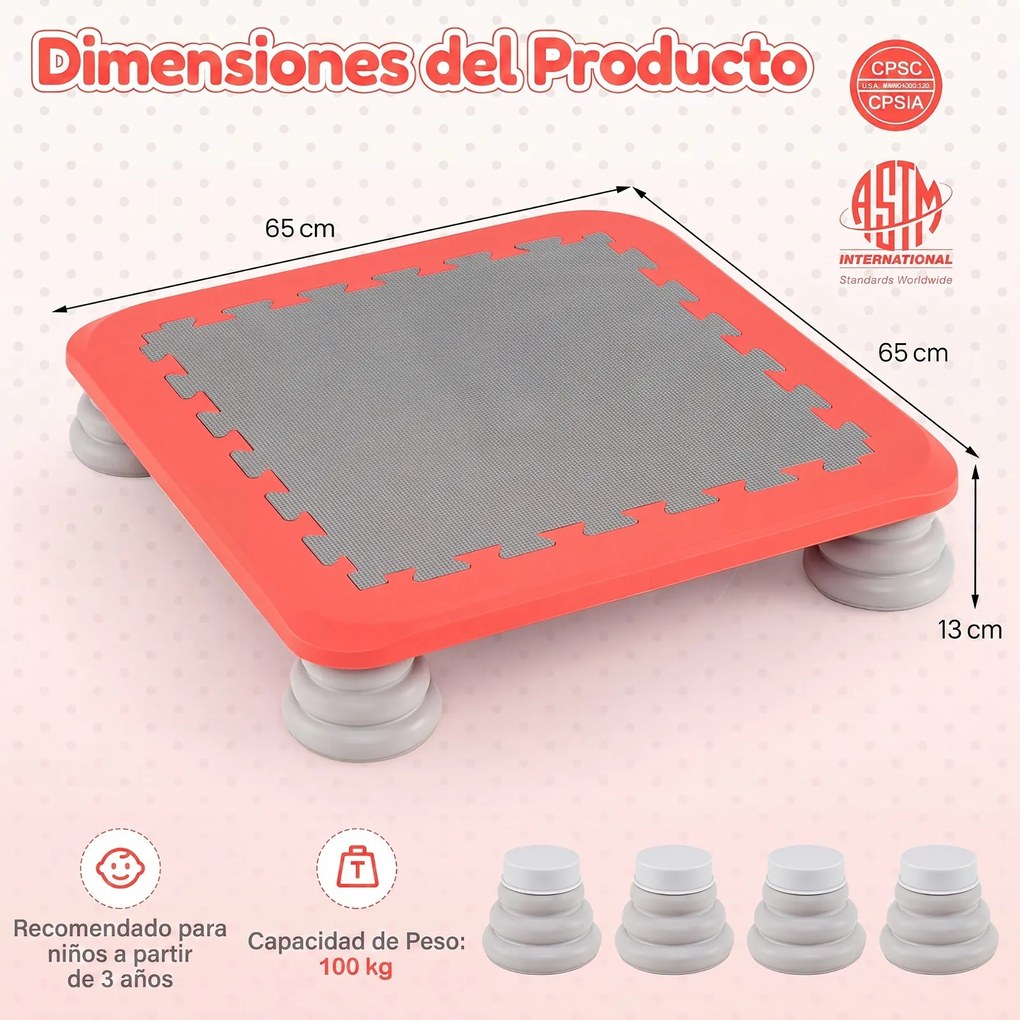 Mini-trampolim Infantil, 65 x 65 x 13 cm, Superfície Antiderrapante, Vermelho